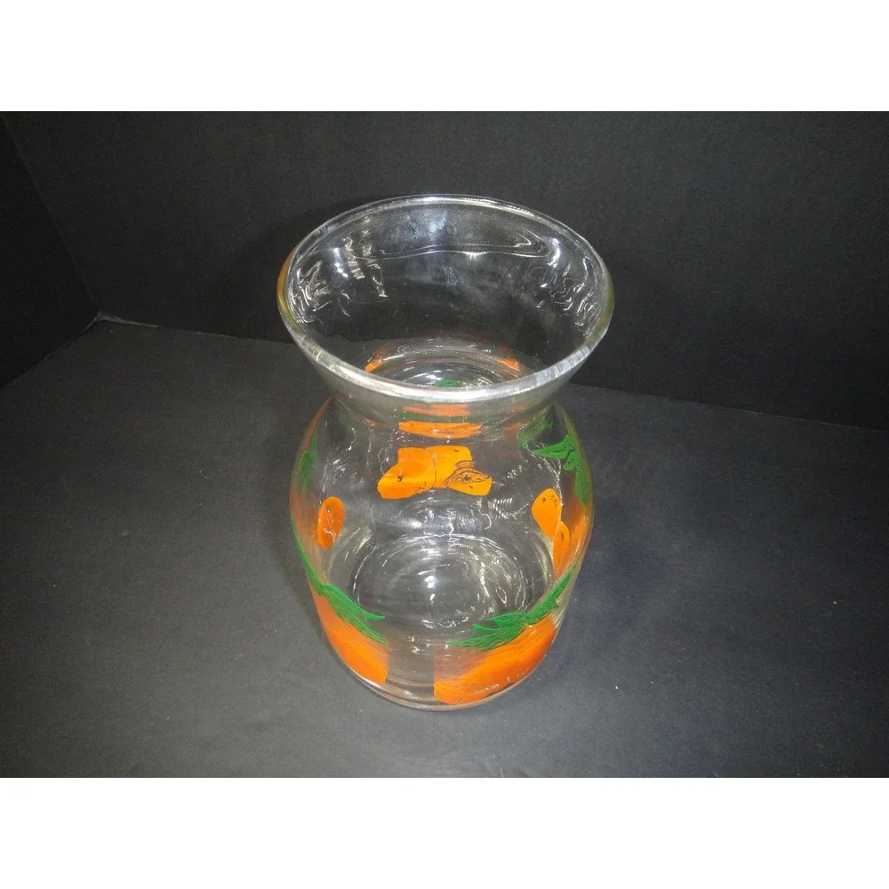 Vintage 1970s Glass Juice Carafe Pitcher Orange Fruit Print White Lid 8.5 Inch
